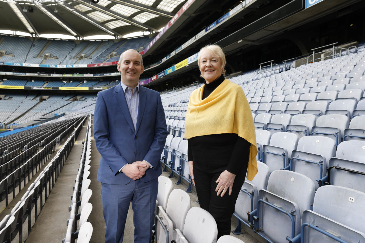 Outside photo of Funding for Growth Manager, Shane O'Hanlon and Mary McKenna from Awaken Hub in Croke Park Stadium at the InterTradeIreland Venture Capital Conference 2022