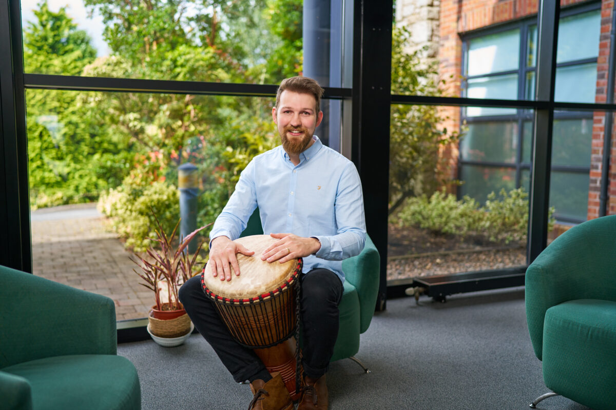 Stuart Watson Make a Melody founder with djembe drum