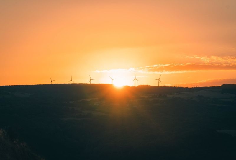 Image of sunrise over wind turbines