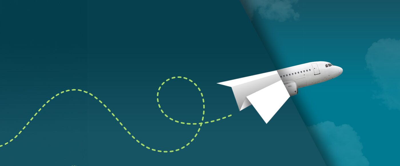 Merged image with back half paper plane front half airplane landing page header