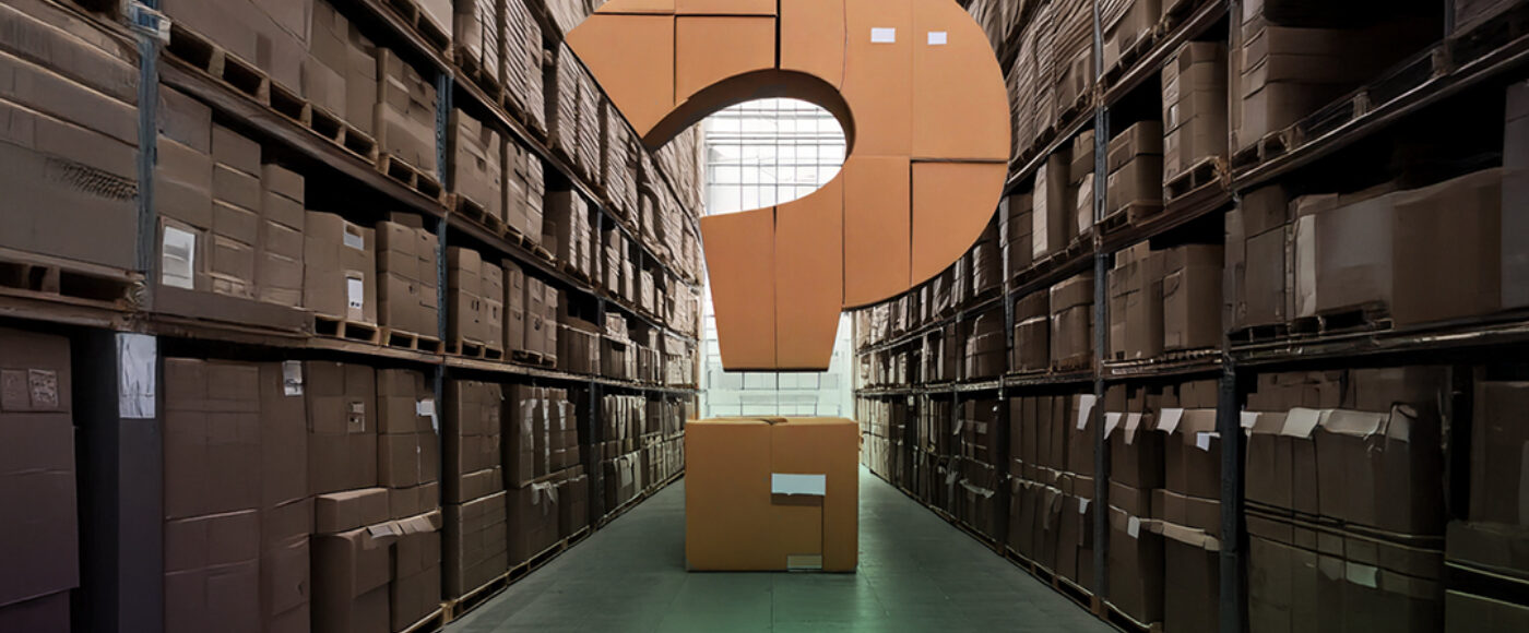 TRADE HUB cardbord box question mark in warehouse