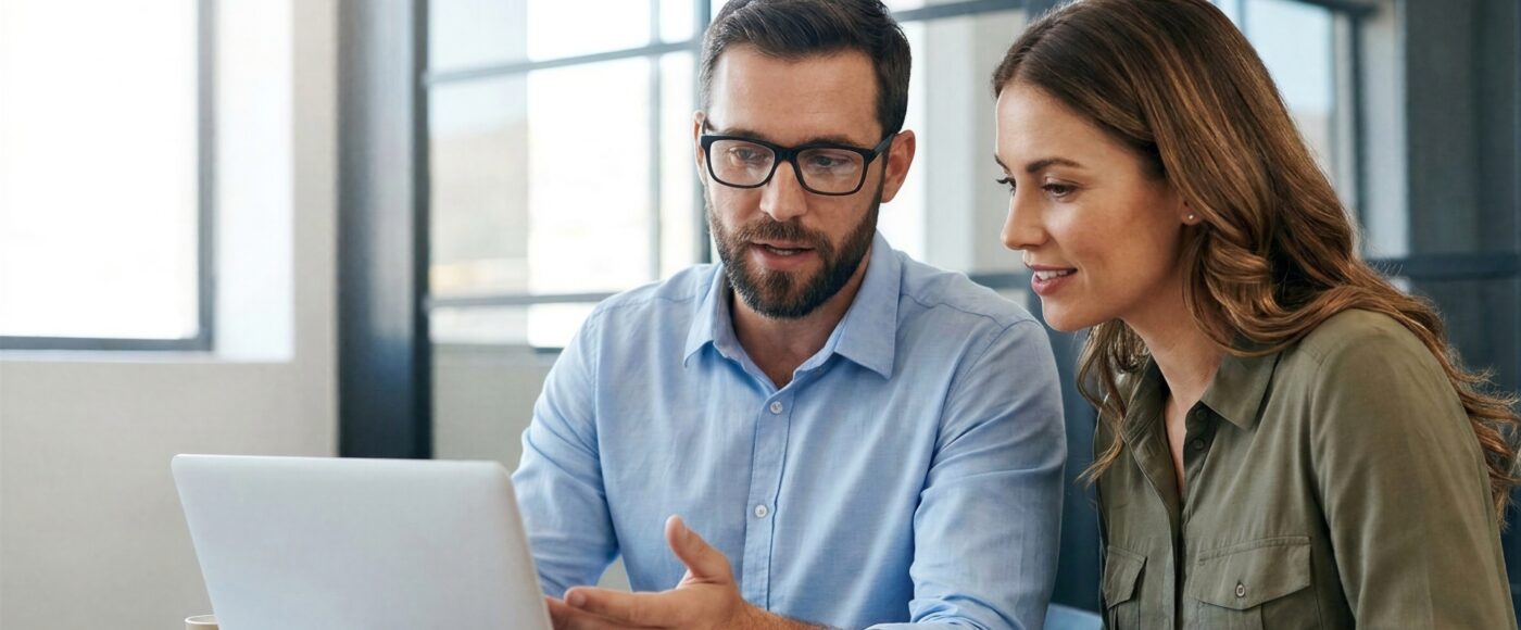 Two professionals reviewing information on a laptop in an office environment.