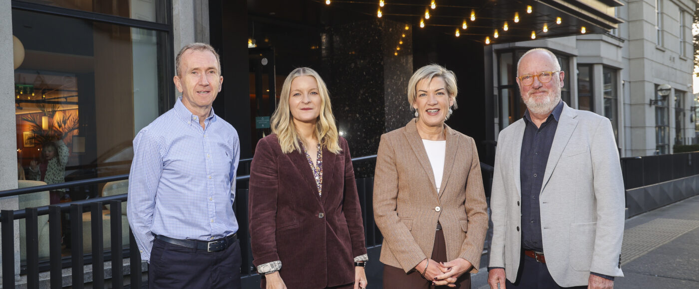 Seanie Meyler, Áine Kerr, Margaret Hearty and Neil O'Brien outside The Alex Dublin during an event highlighting cross-border trade opportunities for SMEs.