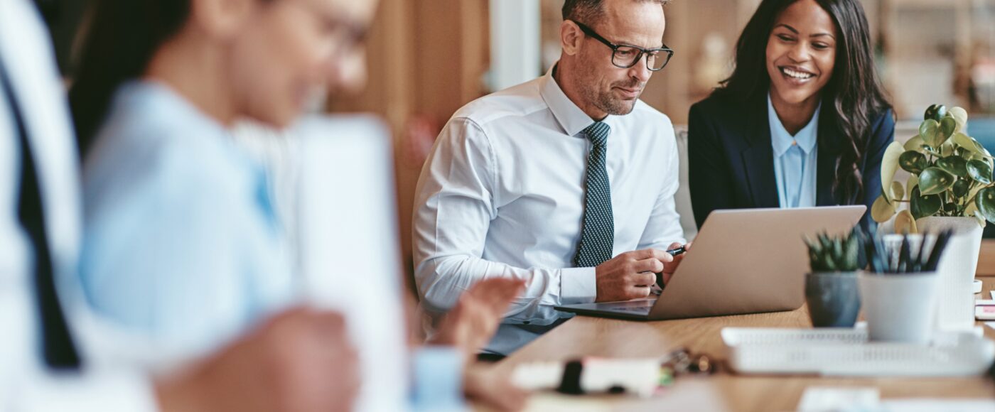 Professionals reviewing information on a laptop during a meeting.