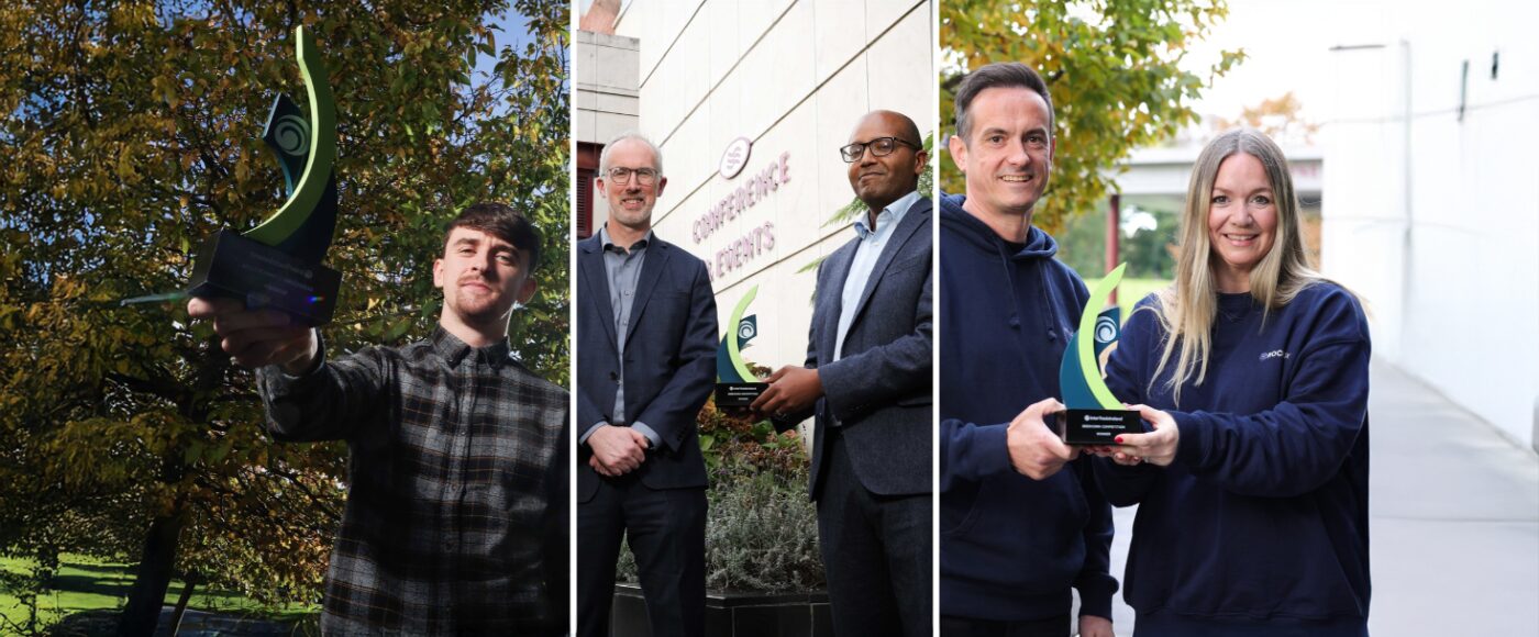 Collage featuring Seedcorn 2026 Dublin regional winners RocketBox, TutorGrowth and Peak 15 Bio with their awards.