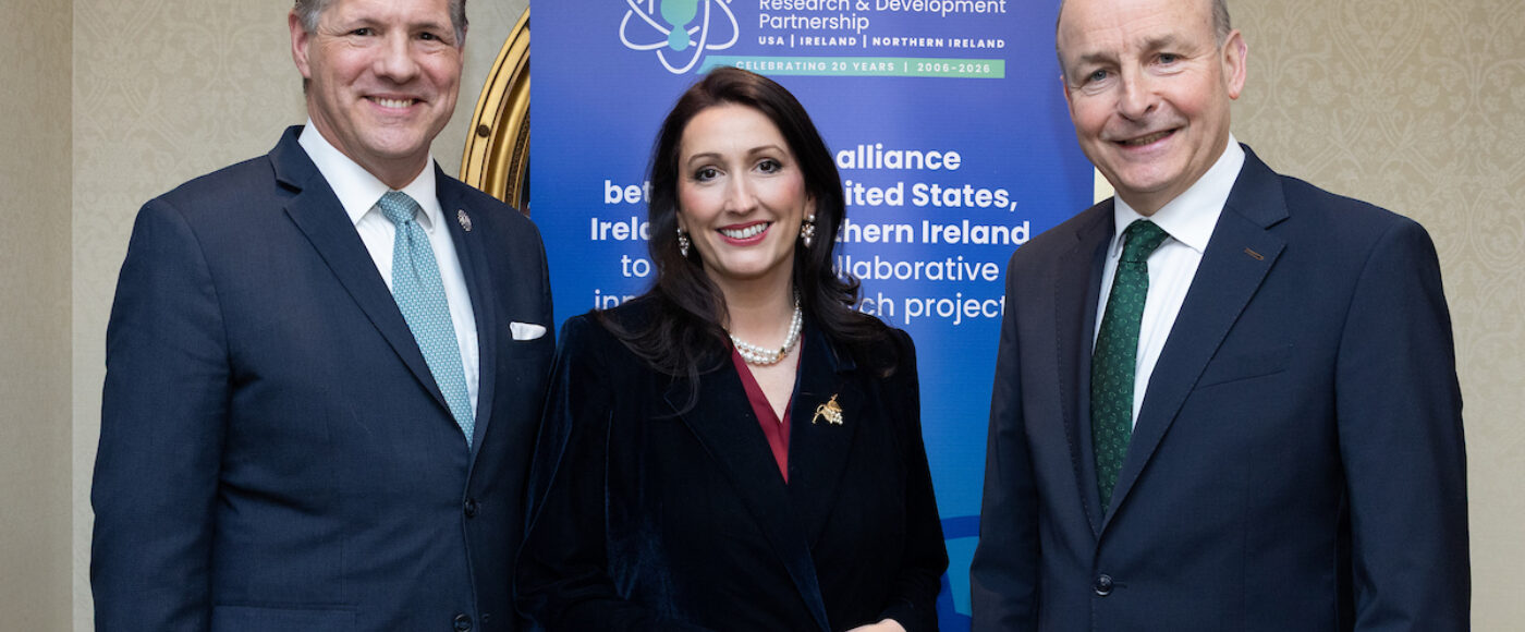 Brian Stone, Emma Little-Pengelly and Micheál Martin at the announcement of a transatlantic research collaboration between Ireland, Northern Ireland and the United States.