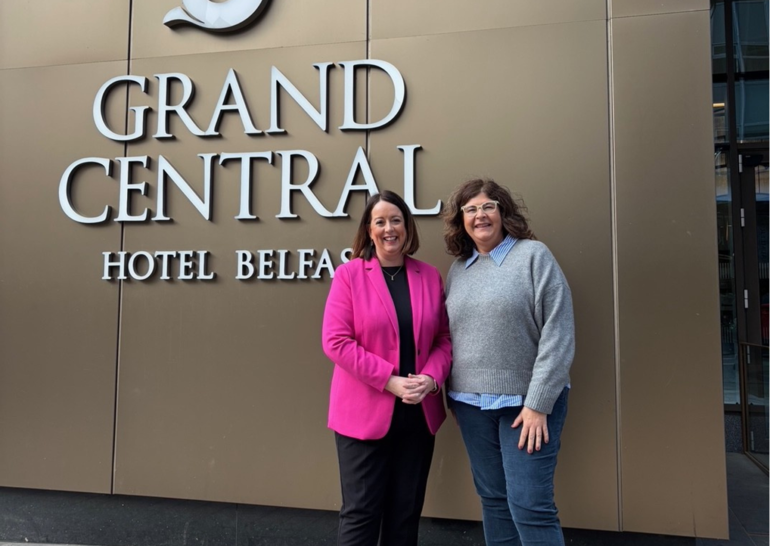 Alison and Patricia outside Grand Central Hotel Belfast