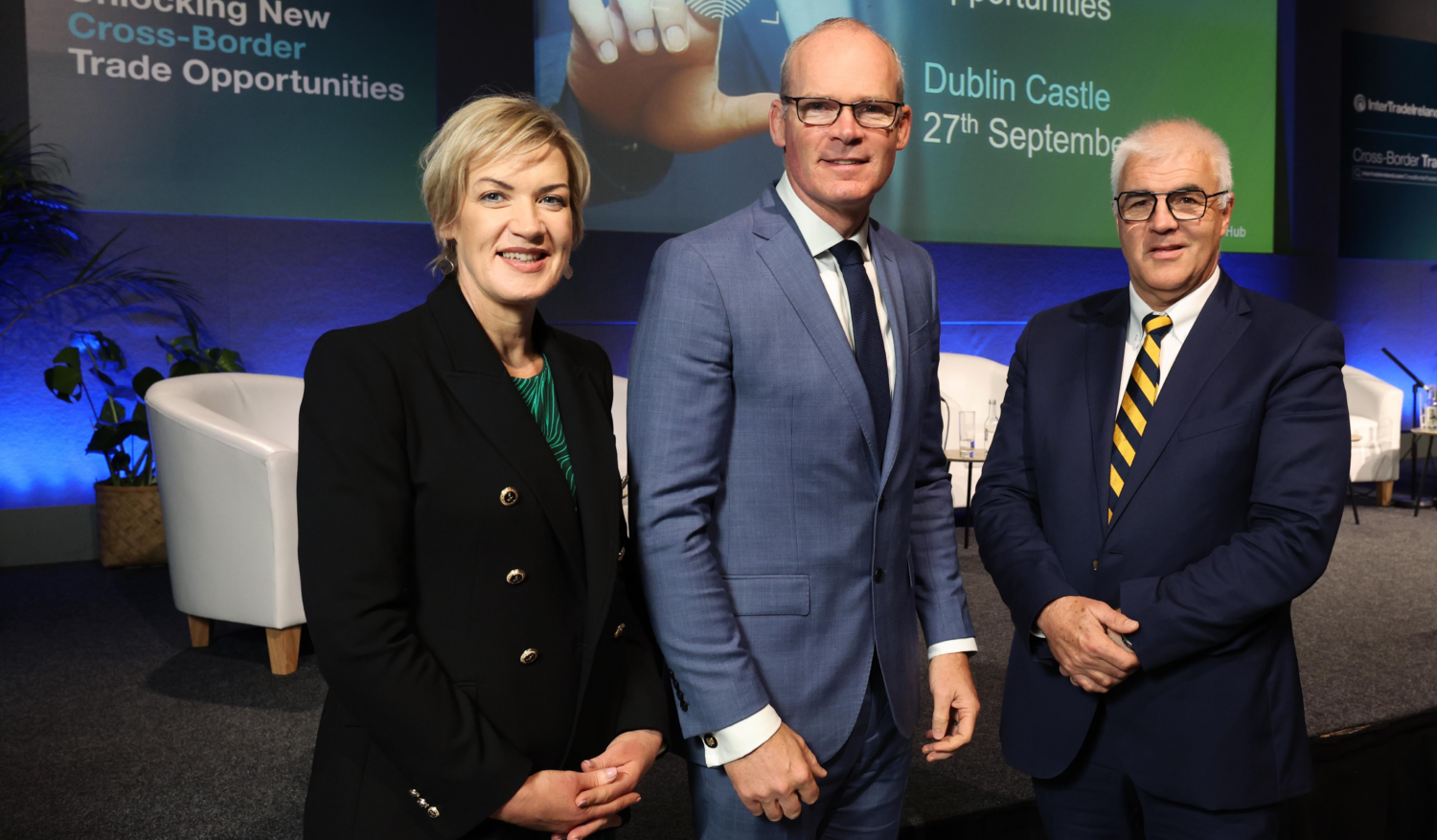 Margaret Hearty CEO Inter Trade Ireland Minister for Enterprise Simon Coveney TD and Richard Kennedy Chairman Inter Trade Ireland at the launch of the new cross border trade hub in Dublin Castle