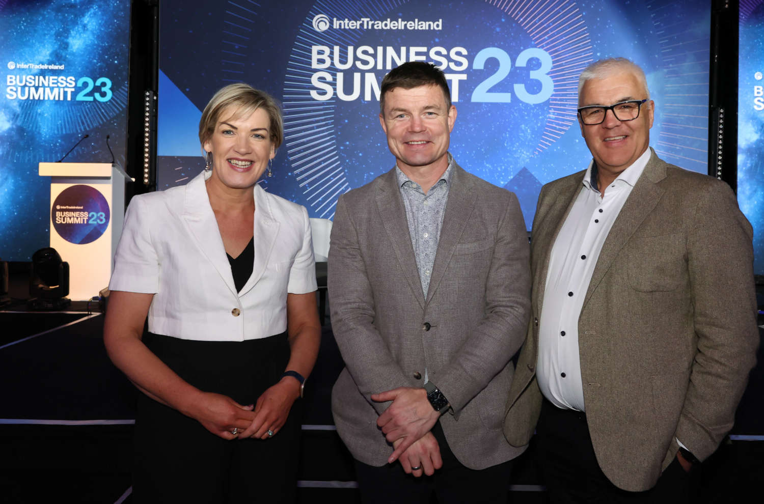 Pictured left to right is Inter Trade Ireland CEO Margaret Hearty rugby legend and entrepreneur Brian O Driscoll and Inter Trade Ireland Chairman Richard Kennedy