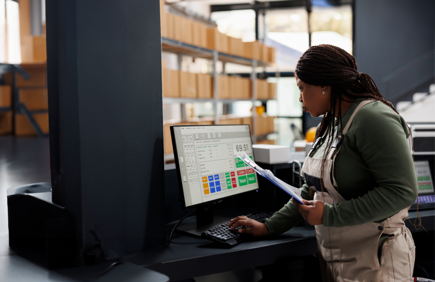 Worker looking at inventory report