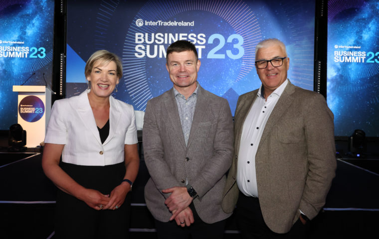 Pictured left to right is Inter Trade Ireland CEO Margaret Hearty rugby legend and entrepreneur Brian O Driscoll and Inter Trade Ireland Chairman Richard Kennedy