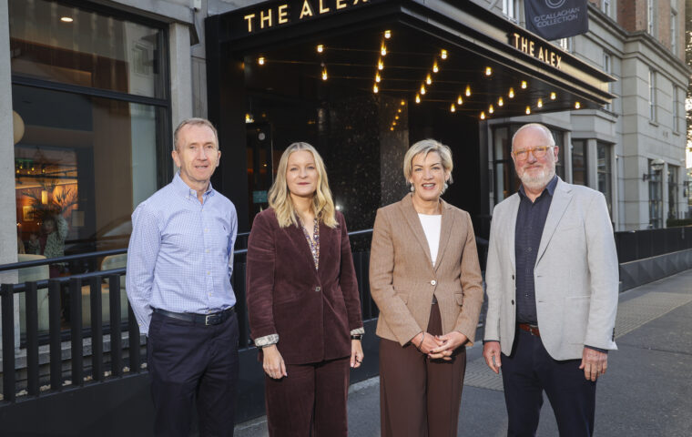 Seanie Meyler, Áine Kerr, Margaret Hearty and Neil O'Brien outside The Alex Dublin during an event highlighting cross-border trade opportunities for SMEs.