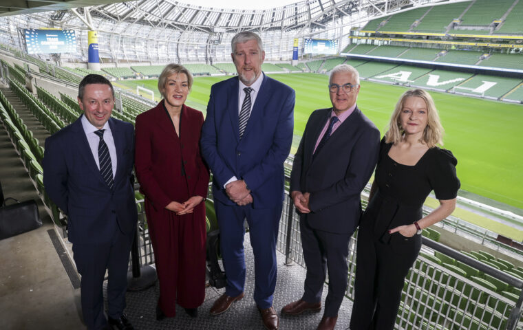Group photo of Brian Donaldson, Margaret Hearty, Minister John O’Dowd, Richard Kennedy, and Áine Kerr at the Aviva Stadium.