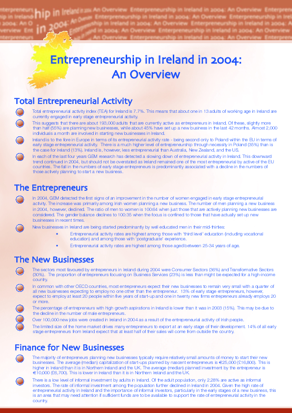 Entrepreneurship on the Island of Ireland in 2004 Ireland summary