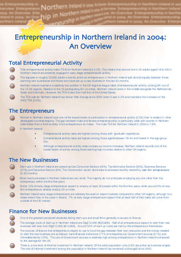 Entrepreneurship on the Island of Ireland in 2004 NI Summary